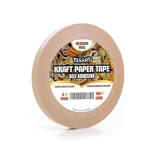 Kraft Paper Tape K49 - Self Adhesive Brown Frame Backing Tape Packing Tape with Oxidation Resistance for Picture Framing, Masking, Sealing and Packaging Use - 1/2inch Wide 180FT Long
