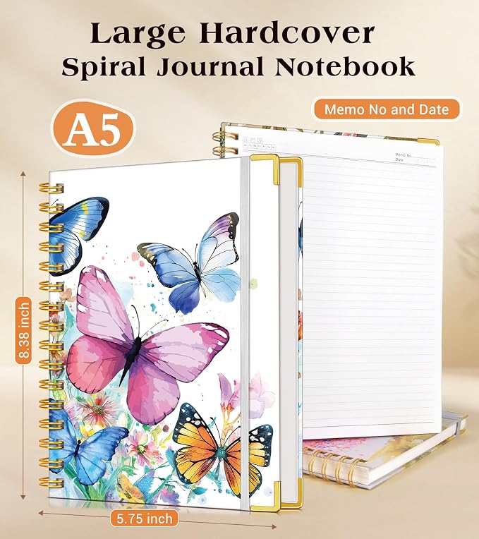 Lined Spiral Notebook Journal for Women, 150 Pages Cute Notebooks 5.75” x 8.38”, A5 Hardcover Spiral Journals with 100 GSM Thick Paper, College Ruled Notebook for Writing Work School, Butterflies in the Blooms