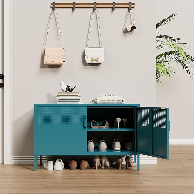 Metal Storage Cabinet,2 Door TV Stand, Metal Mesh Accent Cabinet | Magnetic Door Closure,Low Storage Cabinets with Doors and Shelf for Home,Office,Living Room