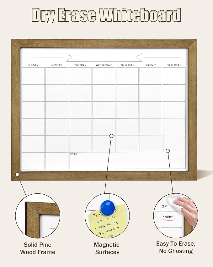 Small Dry Erase Monthly Calendar Whiteboard, Magnetic Surface White Board for Wall, Office/School/Home, Solid Pine Wood Rustic Brwon Frame Hanging Board & Planning Board, 13"x 17" (YL-RB-3343-B)