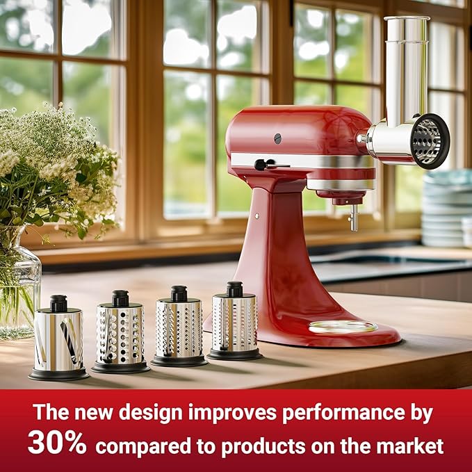 Stainless Steel Slicer Shredder Attachment for KitchenAid Stand Mixers, For KitchenAid Cheese Grater Attachment, Salad Maker, Grinding Powder, Dishwasher Safe with 4 Blades