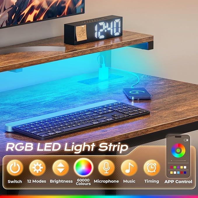 39.4 Inch Gaming Desk with LED Lights & Power Outlets | Small Computer Desk with Drawer & Storage Shelves, Office Writing Desk with Monitor Stand for Work from Home, Rustic Brown