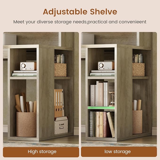 SEDETA 67" Farmhouse L Shaped Desk with Hutch, Grey | Home Office Desks with Drawers & Sliding Doors,Executive Corner Computer Desk with Storage Shelves,Power Outlets,LED Lights