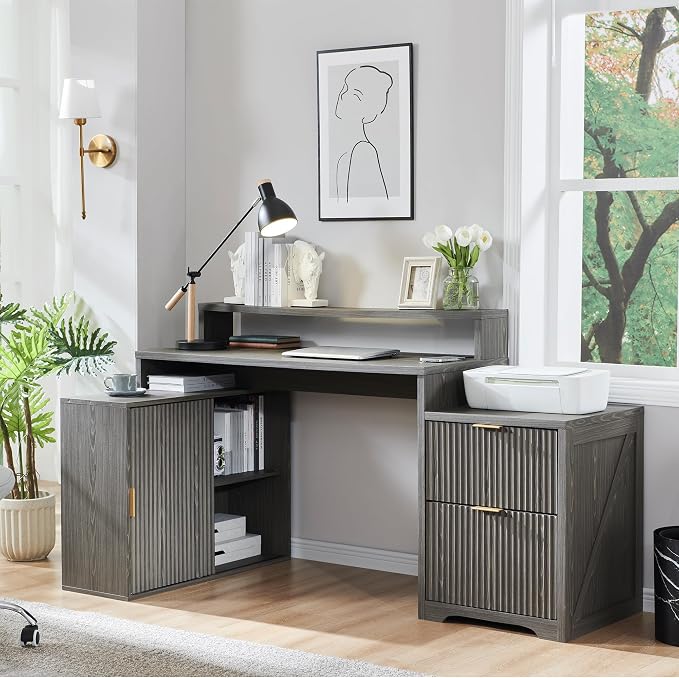 67"Modern Desk with Cabinet & 2 Drawers, Fluted Office Desk Built‑in Outlet | L Shaped Desk ,storage cabinet with sliding doors, Wood Home Office Desk, Fluted Computer Writing Desk, Grayish Green