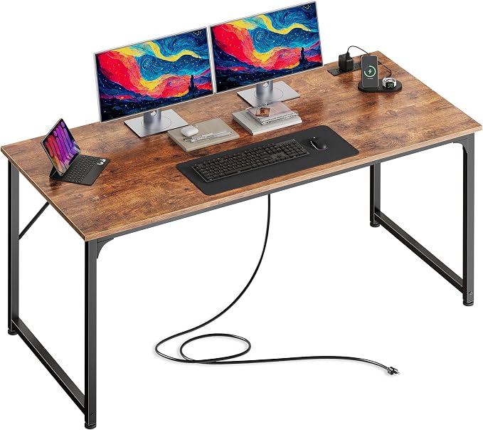 54 X 24 Inch Deeper Desk with Power Outlets | Large Computer Desk for Bedroom, Office Desk for Work from Home, Writing Study Gaming Table, Stable Metal Frame, Rustic Brown