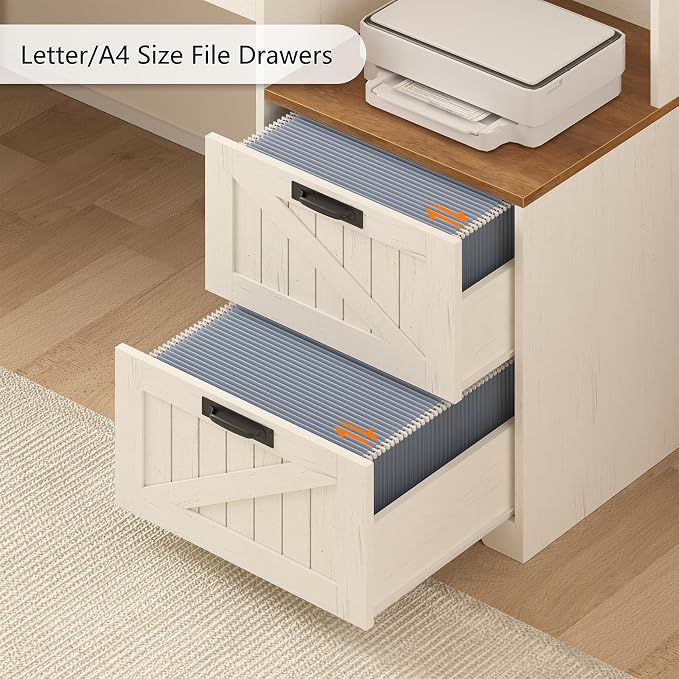 63" Farmhouse L Shaped Desk with Drawers and Printer Stand for Home Office | Computer Desk with Power Outlet, Home Office Desk with Storage Shelves and Monitor Stand, Brown and White