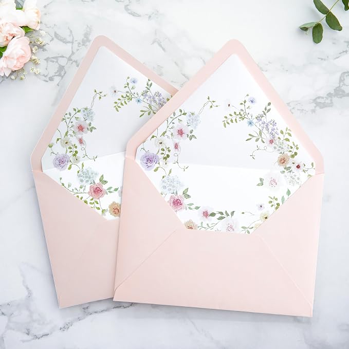 PONATIA 50PCS A7 Euro Flap Envelopes, 5.25 x 7.25'' Liner Envelope For 5x7'' Weddings Invitation Cards, Christmas Gift Cards, Acrylic Invitations, Photos (Blush Pink)