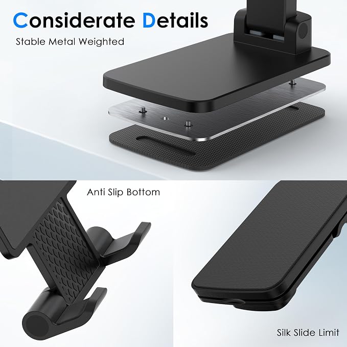 Cell Phone Stand for Desk, Adjustable Height & Angle Phone Holder, Foldable Portable Stand with Anti-Slip Silicone Pad, Compatible with iPhone and All Smartphones 4–8 Inch, Black