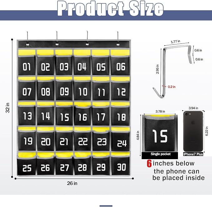 Loghot 30 Numbered Pockets Classroom Pocket Chart for Cell Phone Holder | Wall Door Hanging Pocket Organizer for Phone Calculator Holder, Phone Pouch for School Classroom & Office Phone Management