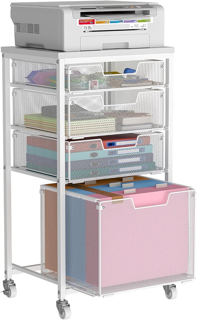 Sbanmao 4 Drawer Rolling File Cart with Wheels, Mobile Filing Cabinet for Home Office, Hanging File Organizer, Under Desk Storage, Multifunctional Utility Cart Printer Stand, White