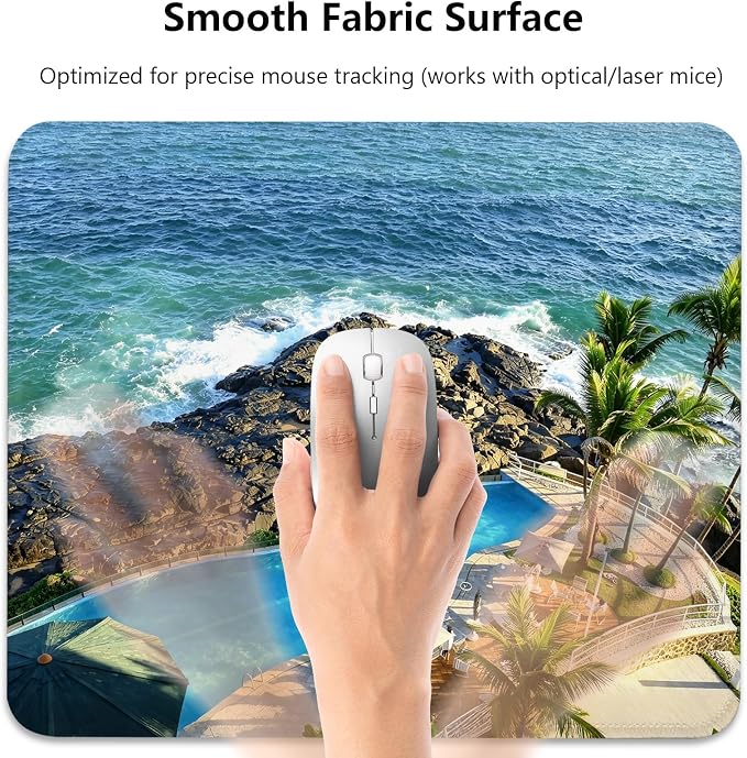 Luxury Cliffside Resort Pool with Palm Trees Mouse Pad, Tropical Desk Mat | Coastal Vacation Paradise Design, Cute Mousepad Stitched, Anti-Slip Base Smooth Surface, 9.5 x 7.9 Inches