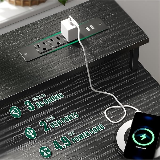 47 Inch Computer Desk with 5 Fabric Storage Drawers,Gaming Desk with Power Outlets & LED Lights,Reversible Home Office Desk with Monitor Stand for Working Writing Study, Black