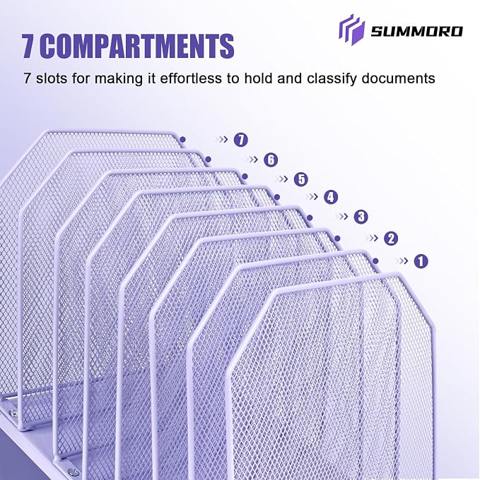 SUMMORO Inclined File Organizer for Desk, 7-Section Vertical File Holder | Office Desk Organizer Metal Rack File Folder, Wire Mesh Desktop Document Sorter, for Office School Classroom Home (Purple)
