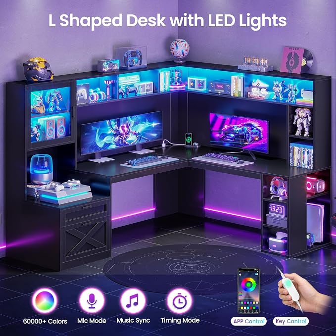SEDETA Farmhouse L Shaped Computer Desk with Double Hutch, Storage Drawers | 68" Large L Shaped Corner Gaming Desk with LED Lights, Shelves, Display Cabinet, Power Outlet for Home Office, Black