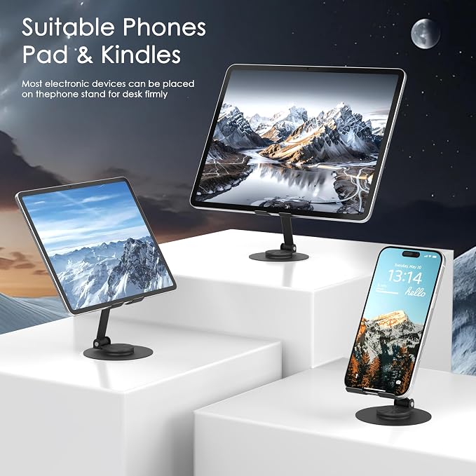 Metal Cell Phone Stand for Desk, Multi-Angel Adjustable 360° Rotation Desktop Phone Holder and Foldable Mobile Phone Stand, Compatible with iPhone 17 16 Pro Max and All Smartphones, Black