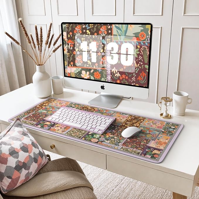 iCasso Floral Desk Pad Mat, Large Mouse Pad, Desk Matt for Desktop, Brown | Anti-Slip XXL Big Mousepad with Stitched Edges for Computer Keyboard