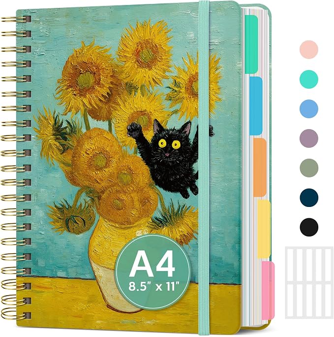 Large Spiral Notebooks for Work 5 Subject with Removable Dividers | 8.5" x 11" Pretty Hardcover Notebook Journal for Women, College Ruled, Perfect for Study & Office , 280 Pages, Whiskers