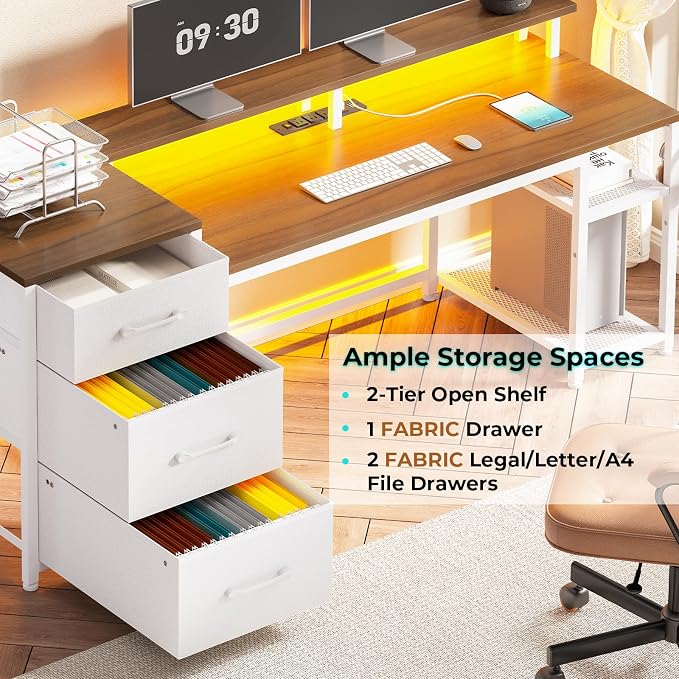 SEDETA 59" Office Desk with Drawers, Reversible Computer Desk with File Drawers & Storage, Gaming Desk with LED Lights & Power Outlet, Home Office Desks for Printer, White and Brown