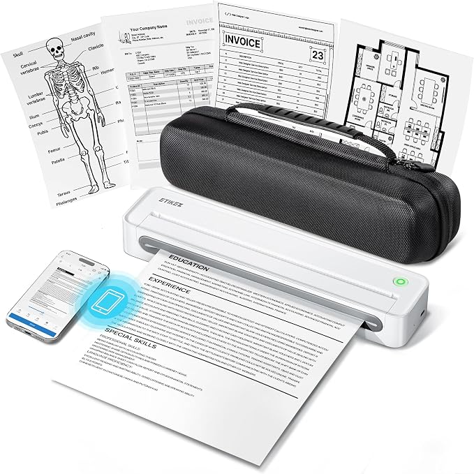 D90E Inkless Portable Thermal Printer with Case – 8.5" x 11", White | Wireless Bluetooth Small Compact Mobile Printer for Travel/Office/School/Home, Compatible with iPhone, Tablet & Laptop