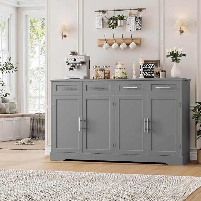 HOSTACK 60" W Sideboard Buffet Cabinet with Storage, Kitchen Cabinet, Gray | 36" Tall Kitchen Buffet Storage Cabinet with 4 Drawers, Large Coffee Bar Cabinet, Modern Buffet Table for Dining Living Room