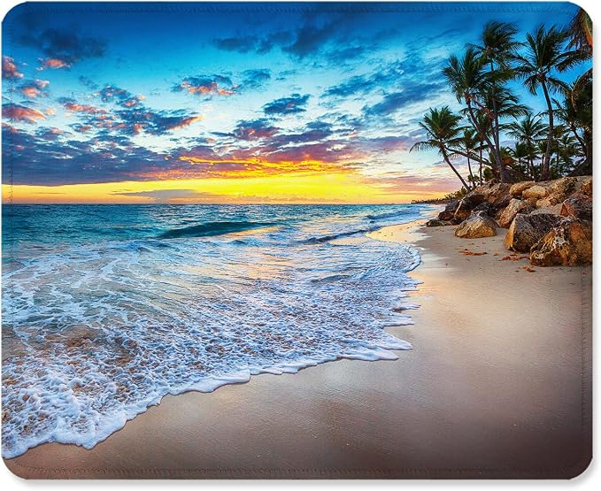 ITNRSIIET Mouse Pad with Stitched Edge Premium Textured Smooth Precise Operation Waterproof Washable Non-Slip Rubber Base Desktop Protection Mat, 10.2×8.3×0.12 inches, Beach