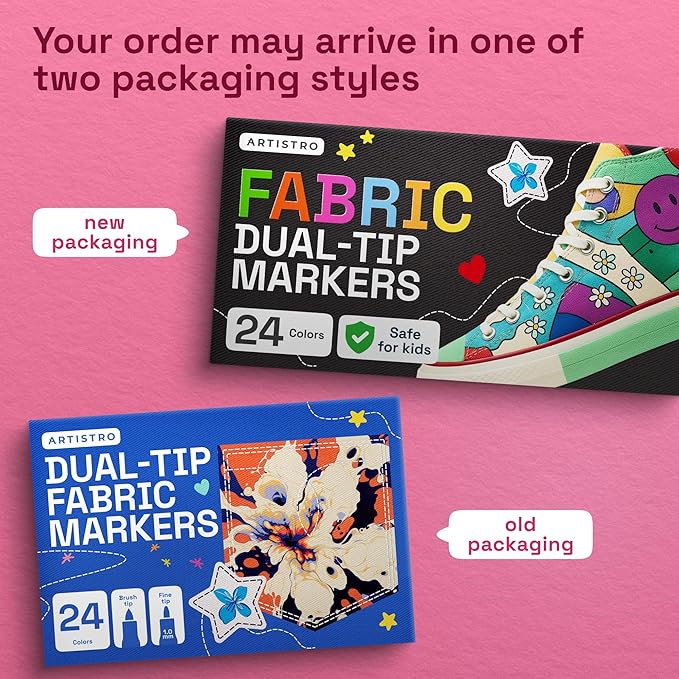 ARTISTRO 24 Dual-Tip Fabric Markers - Fabric Decorating Kit - Permanent for Clothes - Acrylic Paint Pens for Sneakers, Bags, Shoes, Textile, Canvas, Sewing, Craft, DIY - Brush and Fine Tip