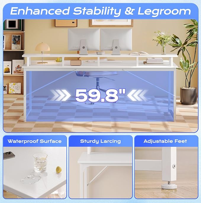 63 inch Gaming Desk, LED & Power Outlets, Monitor Stand, White | Sturdy PC Desk for Home Office, Study & Work, LED Lights, 4 AC Outlets & USB-C Charging Station