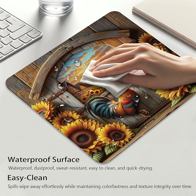 Rustic Farm Sunset with Rooster Mouse Pad, Blooming Sunflowers Desk Mat | Cute Mousepad Stitched, Anti-Slip Base Smooth Surface, 9.5 x 7.9 Inches