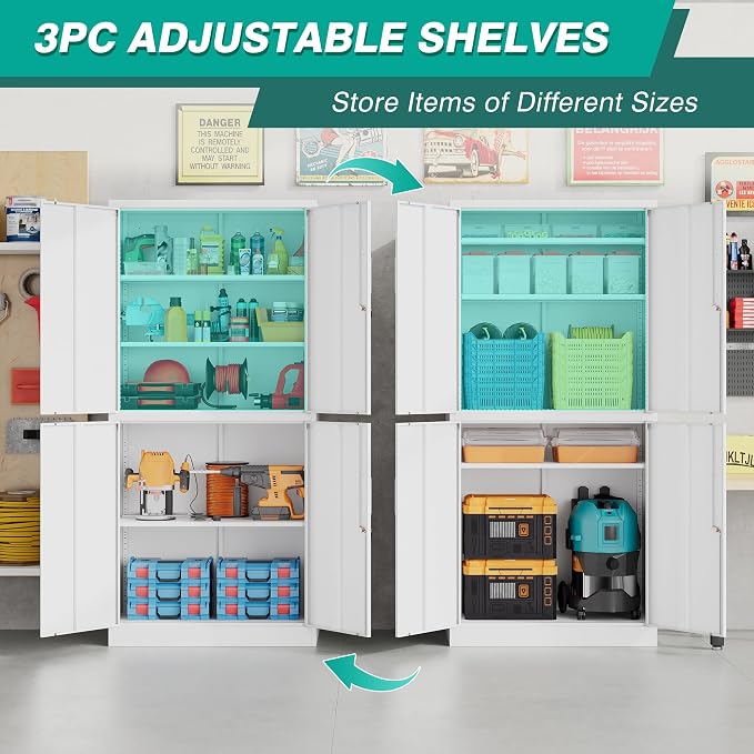 Metal Storage Cabinet with 3 Adjustable Shelves,Garage Storage Cabinet with Lock,White Metal Cabinets with Locking Doors,71" 4 Door Pantry Cabinet,Lockable Cabinets for Home,Office,Garage,Kitchen