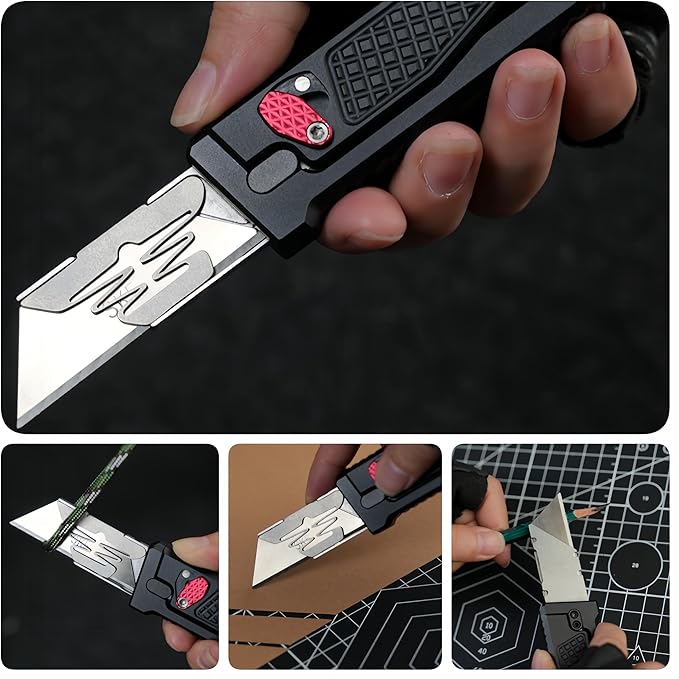 5.8" Aluminium Utility Knife, EDC Box Cutter with Clip, CNC Unibody, Lightweight All Metal Folding Box Cutter, Ideal Gifts for Men Women, with 10 Extra Blades（Black）