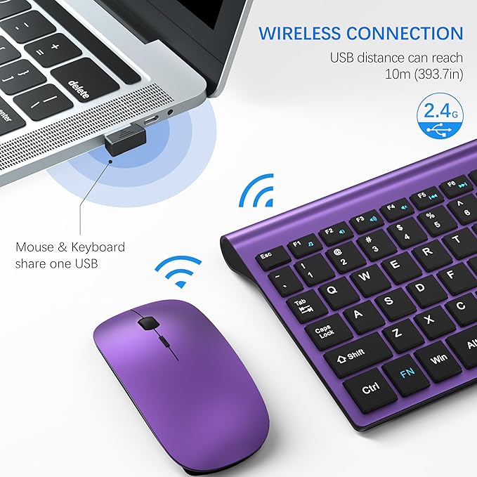 Wireless Keyboard and Mouse Ultra Slim Combo, TopMate - Purple Black | 2.4G Silent Compact 2400DPI Mouse and Scissor Switch Keyboard Set with Cover, Batteries Included, for PC/Laptop/Windows/Mac