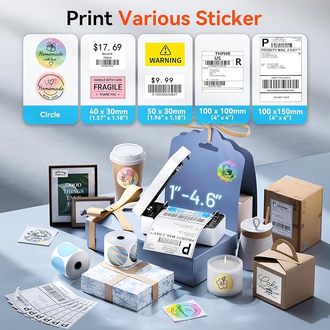TATTMUSE Bluetooth Thermal Label Printer, 4X6 Shipping Label Printer for Small Business, Thermal Printer Scanner Accessories Compatible with Phone, iOS, Android, Windows, Mac, Amazon, Shopify