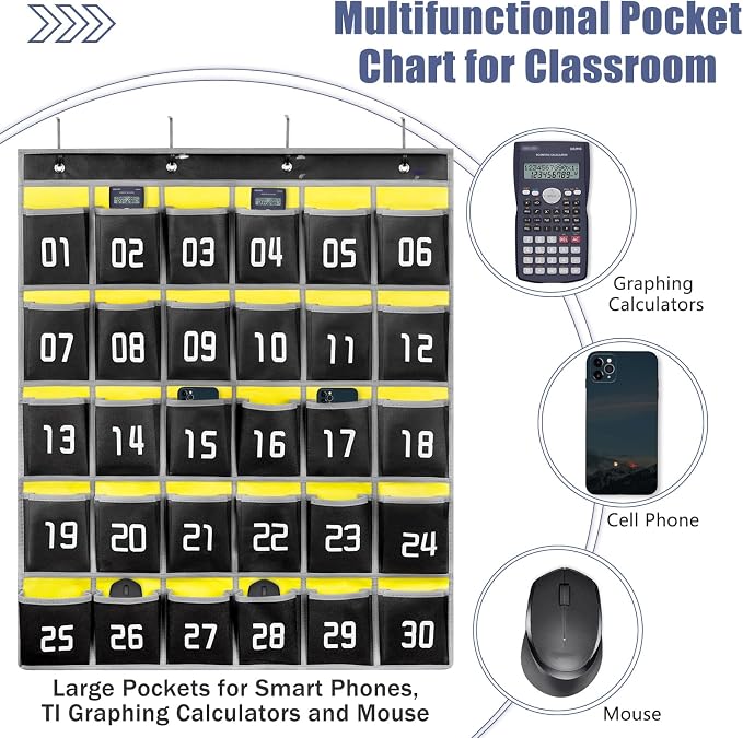 Loghot 30 Numbered Pockets Classroom Pocket Chart for Cell Phone Holder | Wall Door Hanging Pocket Organizer for Phone Calculator Holder, Phone Pouch for School Classroom & Office Phone Management