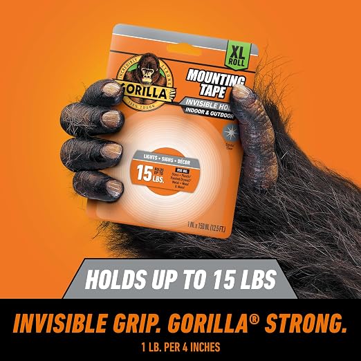 GORILLA Invisible Hold Mounting Tape, Clear, 1" x 150", 1-Pack | Holds up to 15 lbs, Clear Double-Sided Tape for Strong, Permanent Bond, Discreet Adhesive for Classroom and Study Space Setup