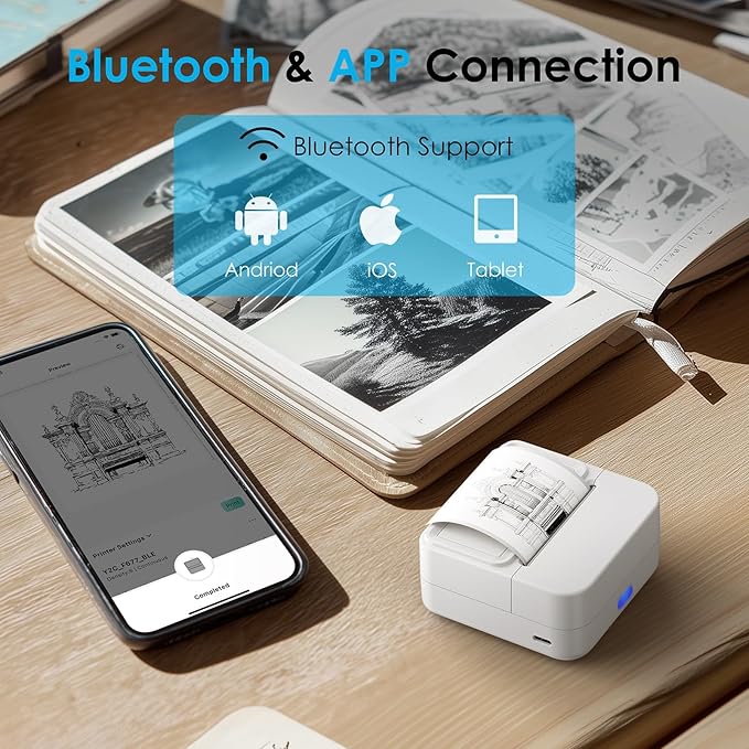 Bluetooth Sticker Printer with 1 Roll of Sticker Paper, Y2C Mini Sticker Maker Machine, Pocket Thermal Label Maker Machine with Tape for DIY, Notes, Label Ideal Gift for Kids&Student, White
