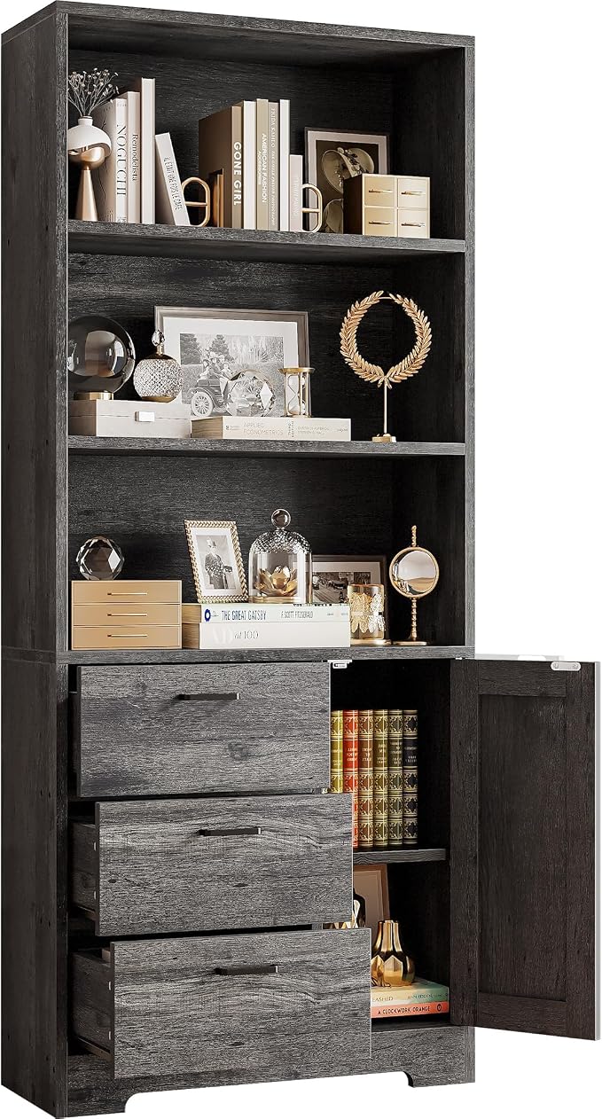 IRONCK 71 in Bookshelf with Doors and Drawers, Industrial Tall Bookcase | Engineered wood with 3-tier shelves, 3 drawers, enclosed storage, anti-tip hardware, 132 lb maximum capacity, for home office
