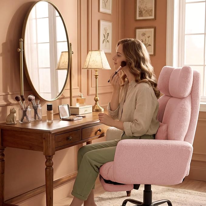 Office Chair with Flip Armrests,Big and Tall Office Chair with Foot Rest,Extra Wide Seat & Lumbar Pillow,Comfy Criss Cross Chair for Pets Sitting,Ergonomic Computer Gaming Chair,Teddy Fleece,Pink
