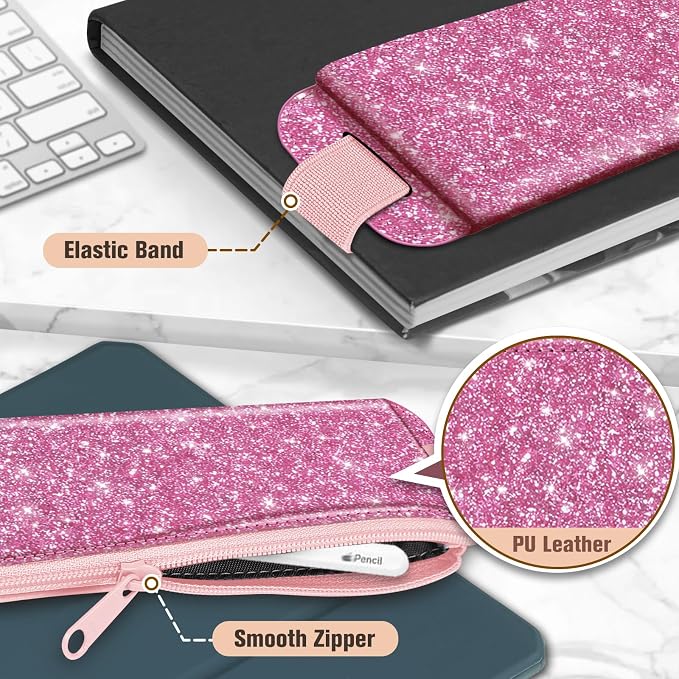 FINPAC 2-Pack Elastic Pen Holder for Notebook Leather Pen Holder | Stationery Zipper Bag for Pencils, Pen Pouch with Elastic Band for Bible Journaling, Planners, Tablets, Glitter Pink & Gray