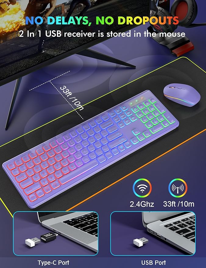 Wireless Keyboard and Mouse Combo with RGB Backlit, Rechargeable | Light Up Letters, Full-Size, Soft Typing, Sleep Mode, 2.4GHz Quiet Keyboard Set for Mac, Windows, Laptop, PC, Trueque KM42Pro
