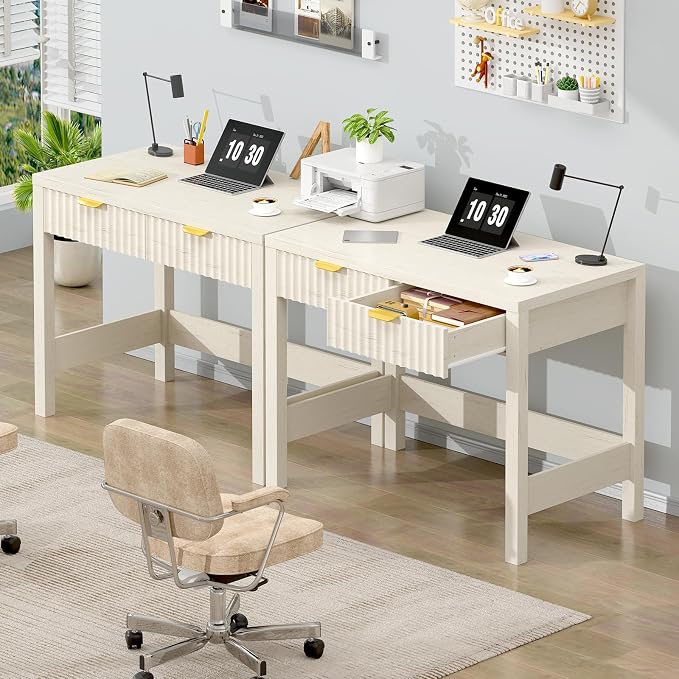 32 Inch Small Fluted Computer Desk with 2 Drawers for Bedroom, Home Office | Small Computer Desk with Storage for Bedroom, Compact Writing Study Desk for Small Spaces, White