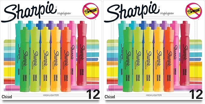 SHARPIE Tank Style highlighters, Assorted Ink Colors, Chisel tip, Assorted Barrel Colors, 12/Pack (Pack of 2)