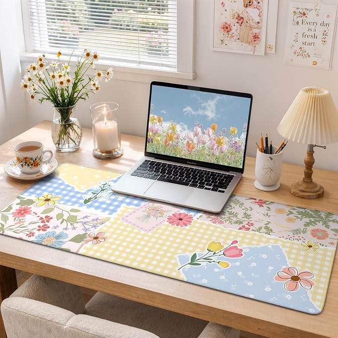 iCasso Aesthetic Checkered Desk Mat with Floral Design, Butter Yellow | XXL Mouse Pad and Keyboard Mat, Cute Flower Mousepad for Grily Desktop Decor, Office Home Laptop Accessories