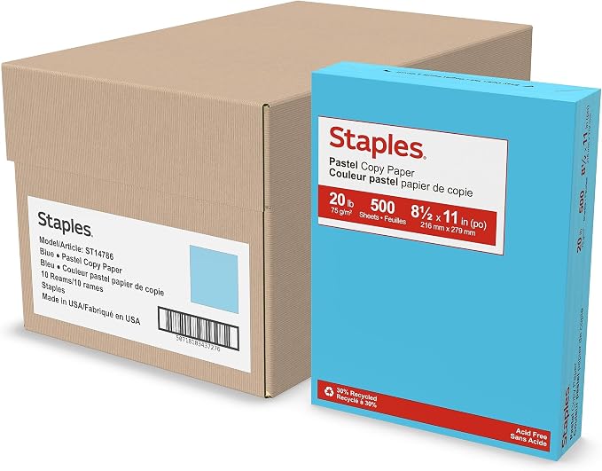Staples Pastel 30% Recycled 8.5" x 11" Color Copy Paper, 20 Lbs., Blue, 5000 Sheets/Carton