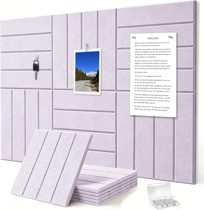 0.47" Thick Felt Wall Tiles 36"x24" Cork Board Alternative 6 Pack 11.81"x11.81"Felt Bulletin Board Pin Board with Removable Adhesive Tape&30 Pushpins for Home Office School(Bold-Light Purple)