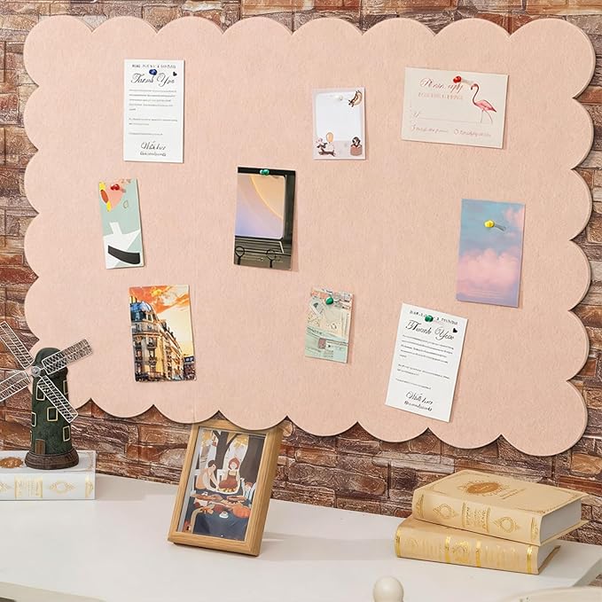 Scalloped Felt Bulletin Board 48 x 36 Inches Foldable Flesh Pink Pin Cork Board Alternative for Wall, 4' x 3' Trifold Picture Vision Self Adhesive Bulletin Decorative
