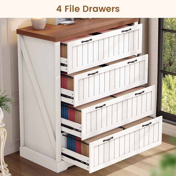 SEDETA Farmhouse 4 Drawer File Cabinet, Filing Cabinet for Home Office, Wood Office File Cabinets for Letter/Legal/A4 Size, File Cabinet Organizer for Study Room & Living Room, White and Brown