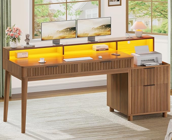 SEDETA Modern Office Desk with 4 Drawers, 59" Fluted Gaming Computer Desk with Storage, LED Lights and Power Strip, Wood Writing Desk Study Table for Home Office, Living Room, Bedroom, Brown