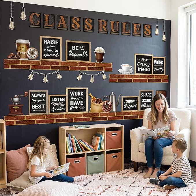 Qilery Class Rules Bulletin Board Decorations, Coffee Classroom Decor | Class Rules Brick Shelf Cutouts, Cafe Style Motivational Signs for Teacher Supplies, School Wall, Door Display