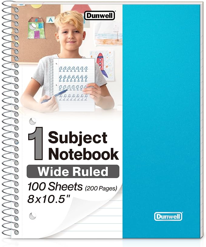 Dunwell 1 Subject Spiral Notebook, Blue Plastic Cover, 100 Sheets (200 Pages) 8x10.5 Paper, Wide Ruled Composition Notebooks with Poly Pocket Dividers, 3-Hole Punch Perforated Pages | 100 Sheets (200 Pages), Wide Ruled Paper, Poly Pocket Dividers, 3-Ho...
