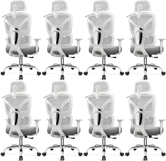 Ergonomic Office Desk Chair, High Back Mesh Office Chair with Adjustable Lumbar Support, 3D Headrest, Big and Tall Home Computer Desk Chairs Comfy for Work, Gaming, 300lbs, (Gray, 8 Pack)
